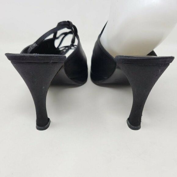 PETRA FIRENZE BLACK SATIN STRAPPY PEEP TOE ANKLE STRAP HEELS WOMENS SIZE 6 M - Picture 3 of 8